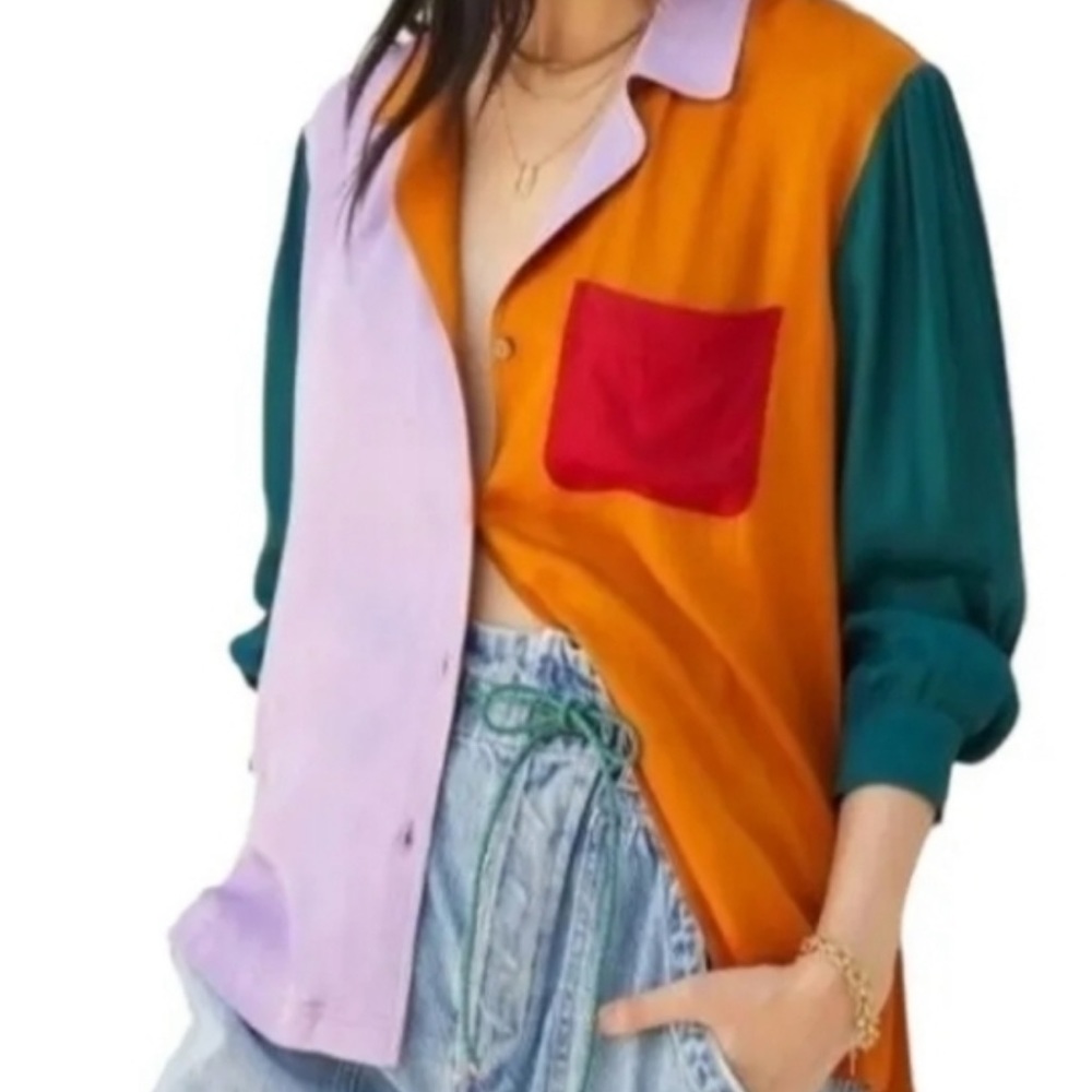 Farm Rio Multicolored Puff Sleeved Button Down. Size S